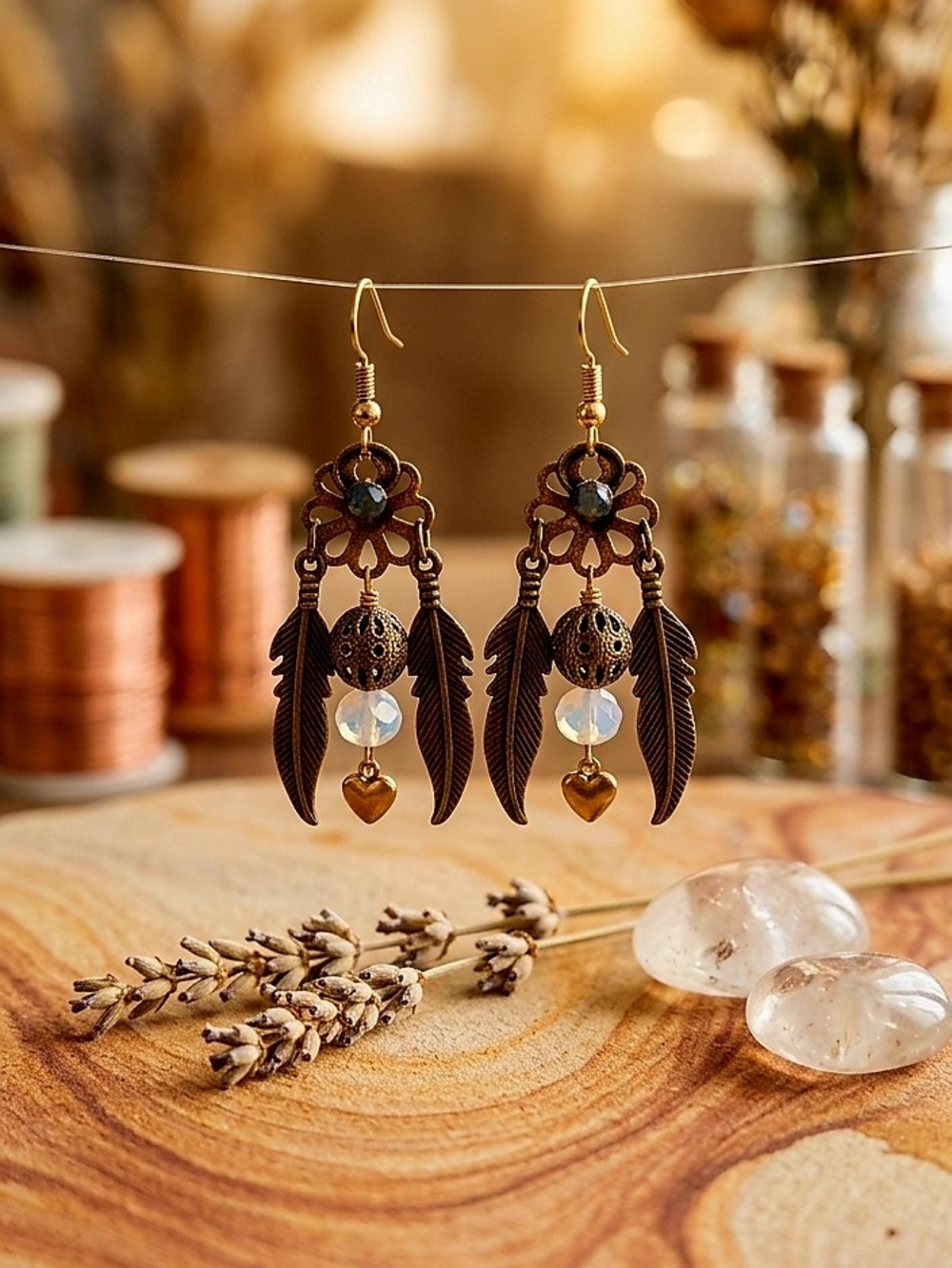 Boho Feather Drop Earrings - Antique Brass